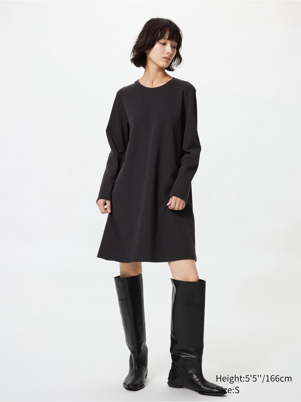 Black Long-Sleeve A-Line Jersey Dress with Pockets